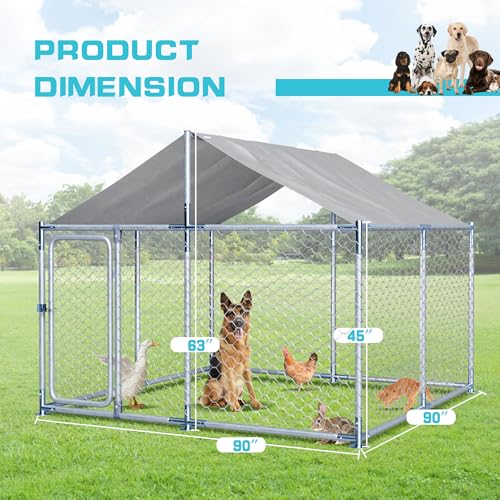 7.5ft×7.5ft Large Metal Dogs Kennels Outdoor,Waterproof Anti-Ultraviolet roof Cover Galvanized Steel Cage Fence Playpen with Lockable Door (90" D×90" W×63" H) - size: 90"D×90"W×63"H