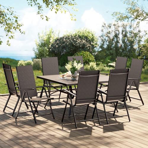 PHI VILLA 9 Piece Patio Dining Set, Outdoor Dining Furniture Patio Table Set with Adjustable Portable Patio Folding Chairs (Black) & Large Square Outdoor Dining Table for Yard, Garden and Lawn - color: Black, size: 9 Piece Square