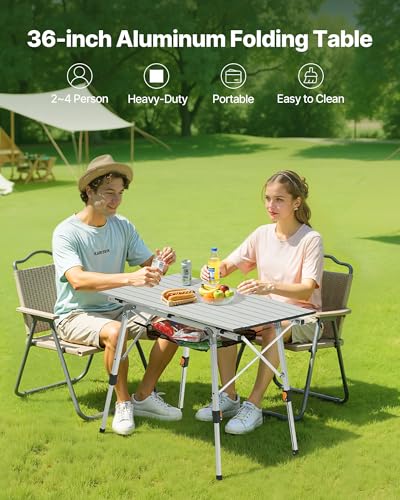 VEVOR Folding Camping Table, Portable Roll Up Side Tables, Lightweight Aluminum Beach Table for Outdoor BBQ Tailgating Picnic, Travel (35 inch-Silver) - color: Silver