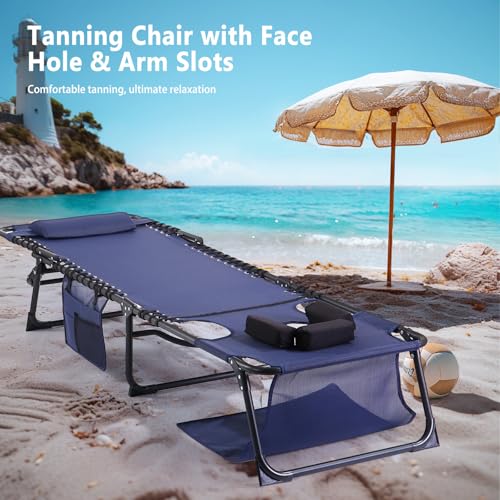 Unovivy Tanning Chairs with Face Hole Set of 2, Patio Lounge Chairs with 5-Position Reclining Back, Portable Folding Outdoor Lounge Chair for Sunbathing, Pool, Patio, Camping - color: Blue
