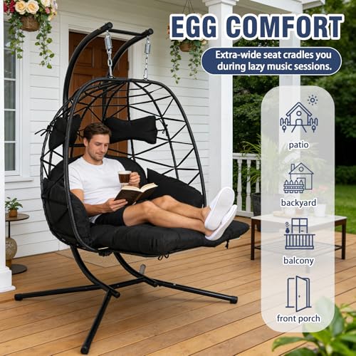 Double Egg Swing Chair with Stand, Oversized 2-Person Indoor Outdoor Hanging Hammock Chairs with Cushion, Wide and Large Comfy Loveseat, Sturdy Porch Swings for Bedroom, Balcony, Garden (Black)