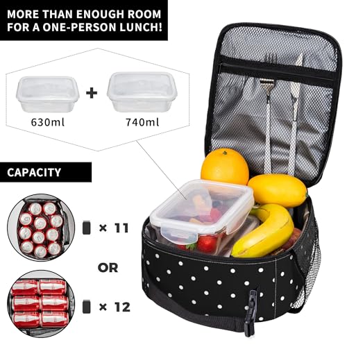 Polkadot Polka Dot Black And White Insulated Lunch Bag Portable Reusable Zipper Lunch Box For Men Women Work Picnic Travel Camping - color: Black10