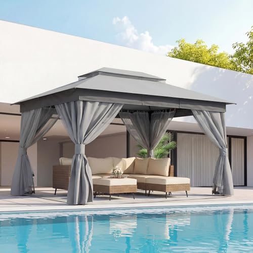 LAUSAINT HOME Gazebo 10x13ft, Heavy Duty Patio Gazebo with Expansion Bolts, Party Canopy Tent with Double Roofs, Mosquito Nettings and Privacy Screens for Backyard, Garden, Lawn, Grey - color: Gray, size: 10'x13'