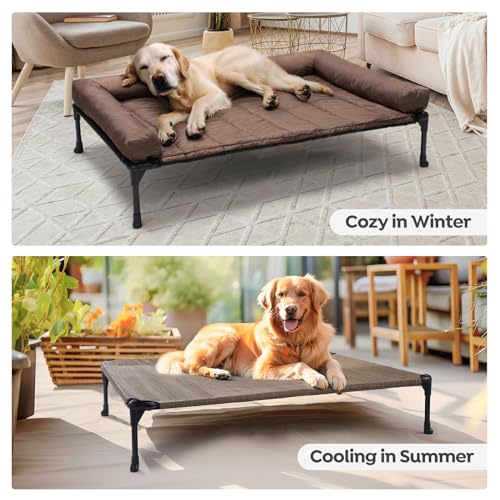 Veehoo Cooling Elevated Dog Bed Add Removable Waterproof Bolster Cushion Mat, Raised Pet Cot with Breathable Teslin Mesh, No-Slip Feet, Dog Couch Bed for Indoor Outdoor, Large, Brown CWC2331B - color: Brown, size: 42.0"l X 30.0"w X 7.0"th