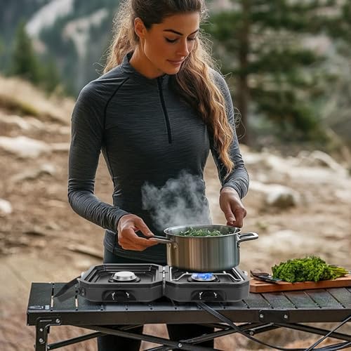 Adjustable 2 Burner Portable Camping Stove Propane (16000 BTU) with Camping Grill and Carrying Bag, Folding Propane Stove,Gas Camping Stove with Piezo Ignition for Camping, Backyard BBQ, Black - color: black