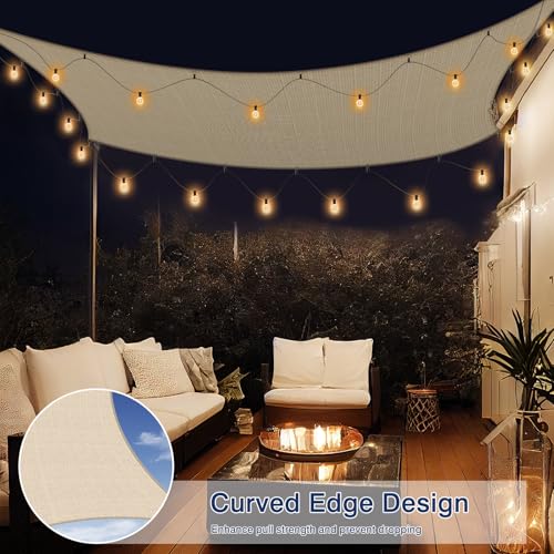 Sun Shade Sail with LED G40 String Lights, 8‘ x 12' Rectangle Beige Shade Cloth, 95-98% UV Protection, Ideal for Patio, Garden, Backyard - Easy to Install with Innovative Hooks