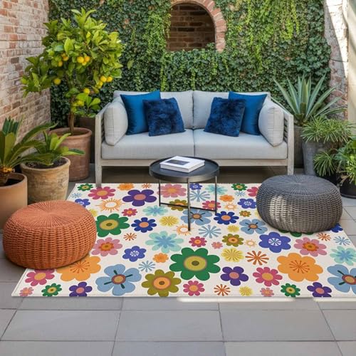 Retro Bohemia Floral Outdoor Rug 4' x 6', Blue Purple Flowers Boho Style Beige Washable Area Rug for Outdoor Indoor, Non Slip Outside Large Rugs Carpet for RV Patio Backyard Picnic Camping Porch Deck - size: 4' x 6' (Rectangular)
