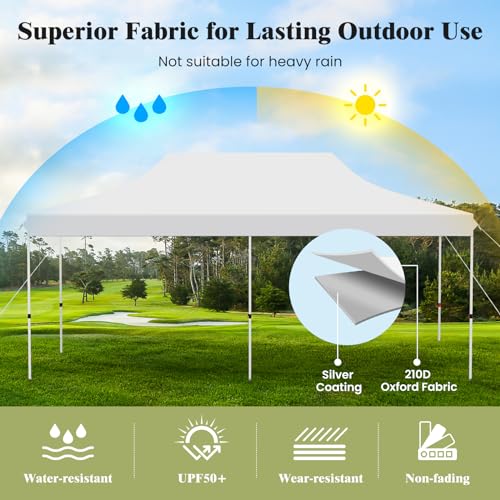 Tangkula 10x20 Ft Pop Up Canopy, Instant Setup Outdoor Tent with 6 Sand Bags, 12 Stakes & 6 Ropes, UPF 50+ Canopy Tent with Carrying Bag for Camp, Beach, Patio (White) - color: White, size: 10x20 Ft