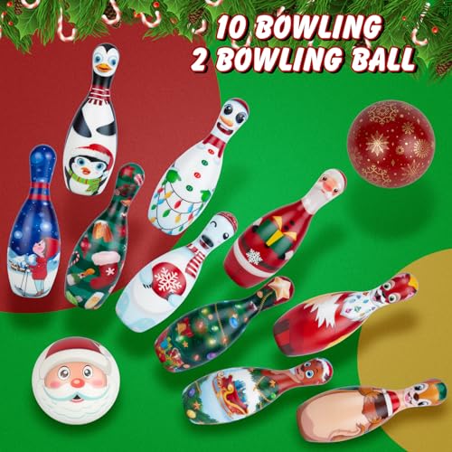 Christmas Bowling Set for Kids Toddler Party Supplies, Christmas Bowling Game for Kids Bowling Pins Bowling Balls for Family Indoor Outdoor Party Games Kids Party Decor, Winter Holiday Games for Kids