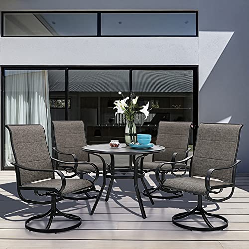 PHI VILLA Patio Dining Set 5 Piece, 4 Padded Textilene Swivel Patio Chairs and 1 Round Metal Table with 1.57" Umbrella Hole, All Weather Resistant for Lawn Garden - color: Brown Padded Fabric, size: 37.8"Dia x 28.7"H-Metal-5 Piece