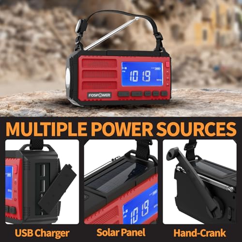 FosPower NOAA Emergency Weather Radio D8 37000mWh Portable Power Bank, AM/FM, USB/Solar/Hand Crank Charging, SOS Alarm & Flashlight for Indoor/Outdoor Emergency - Red - color: 09 - Model D8 - Red