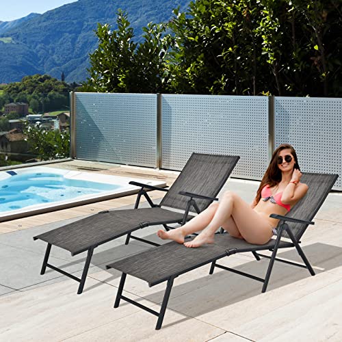 Tangkula Folding Lounge Chair Outdoor, Recliner Chaise Lounge with 5-Position Adjustable Backrest & 2-Position Footrest, No Assembly Required, Suitable for Patio Poolside Beach Yard (1, Grey) - color: Grey
