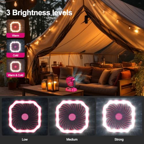 Odoland Portable Camping Fan with LED Lantern, 20000mAh Rechargeable Battery Powered Fan with Auto Oscillation, Timer, Remote, 360° Rotation Hook, 4 Speeds for Power Outage Travel Home, Pink - color: Pink