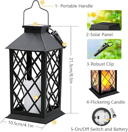 Solar Lanterns Outdoor Waterproof, 2 Pack 9" Glass Hanging Solar Lights with Flickering Flameless Candle, Outdoor Lanterns for Patio Wall Porch Table Garden Tree, Gift for Women Mom - Black - size: Black 9"