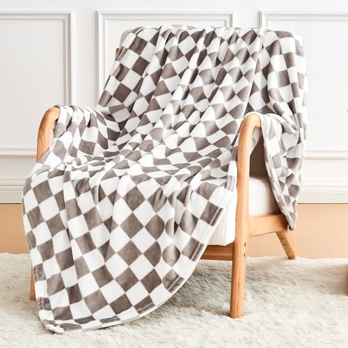 Edenleaf Light Grey Checkered Blanket, Ultra Soft Fluffy Fleece - Checkered Grid Print Throws for Couch Sofa Bed, Cozy Luxury Throw Blanket for All Seasons, 60x80 Inch, Cashmere Smoke - color: 01 Cashmere Smoke, size: Blanket-60"x80"