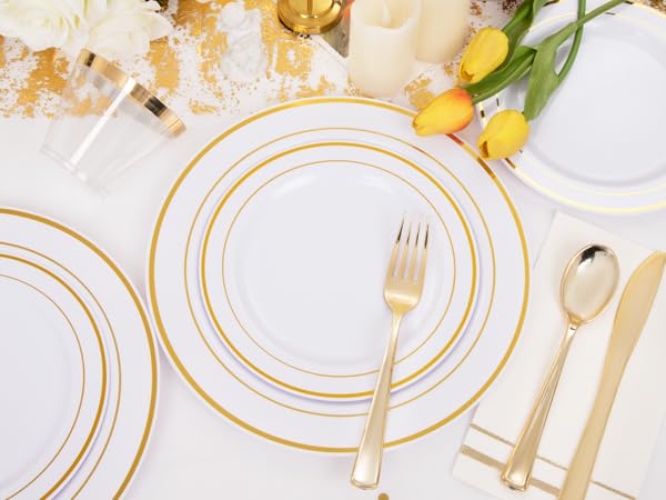 GATHER 176 Pieces Gold Dinnerware Disposable - White and Gold Plastic Plates Includes 50 Plates, 25 Plastic Silverware, 25 Napkins, 25 Cups and 1 Tablecloth for Wedding Party - color: Gold, size: 25 Guests