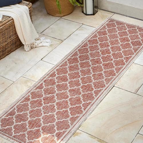 JONATHAN Y Moroccan Trellis Indoor Outdoor Runner Rug 2X8 Red/Beige, Trebol Textured Weave for Backyard, Patio, Porch, Easy-Cleaning, High Traffic, Pet-Friendly, Non-Shedding (SMB109C-28) - color: Red/Beige, size: 2'2" x 8' (Runner)
