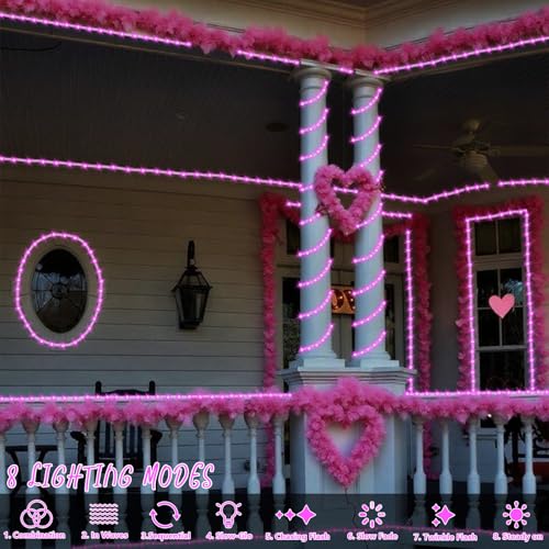 YEGUO Solar Rope Lights Outdoor Waterproof, 66ft 200 LED Pink String Lights, 8 Modes Fairy Lights in Clear Thin Tube - color: Pink
