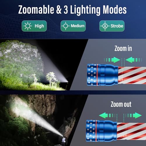 RECHOO Rechargeable Flashlight 1 Pack, Bright Military Grade Torch Light High Lumens with Adjustable Focus & 3 Lighting Modes, Portable Waterproof Led Flashlight for Camping Home, Gifts for Man Kids - color: American flag, size: 1 Pack