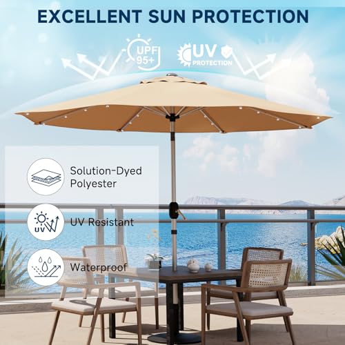 10FT 40-LED Solar Lighted Aluminum Patio Umbrella, Fade-Resistant Outdoor Market Table Umbrella with Push Button Tilt Function, 8 Sturdy All-Aluminum Ribs for Gardens, Decks, Backyards & Pools - color: Beige, size: 10FT 40LED-1Tier (Aluminum Umbrella)