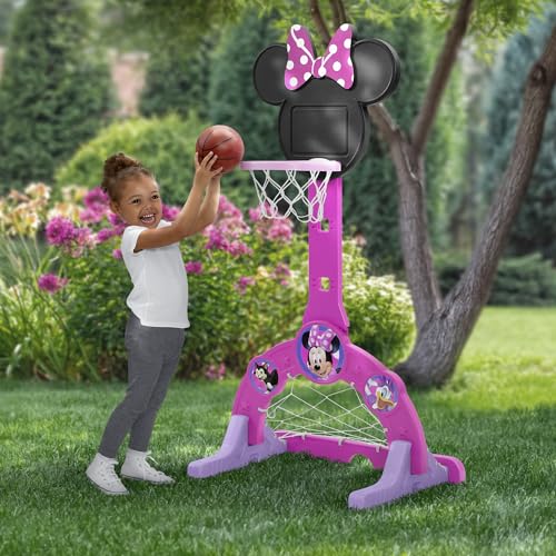 Delta Children Disney Minnie Mouse 4-in-1 Sports Center – Adjustable Easy Score Basketball Hoop, Soccer/Hockey Net and Golf Game, 4 Golf/Hockey Balls, Pink - color: Minnie Mouse