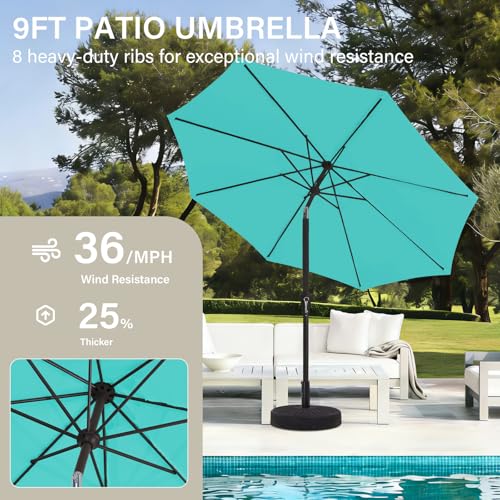MEWAY 9ft Patio Umbrella Outdoor Table Umbrellas with Push Button Tilt and Crank, Market Umbrella 8 Sturdy Ribs for Deck, Garden, Pool and Backyard, Teal - color: Teal, size: 9ft