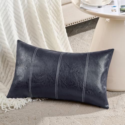 Fancy Homi 2 Packs Navy Blue Lumbar Waterproof Faux Leather Decorative Throw Pillow Covers 12x20 Inch for Outdoor Couch Bed, Modern Farmhouse Boho Home Decor, Blue Hand Stitched Cushion Case 30x50 cm - color: Navy Blue, size: 20" x 12" (Pack of 2)