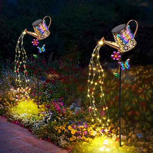 Solar Watering Can with Lights Outdoor Garden, 41" Tall Waterproof Garden Stake Lights Decoration for Yard Lawn Patio Pathway Front Porch Landscape Gardening Gifts for Mom Grandma Women Birthday Gift - color: Butterfly-Blue-Purple