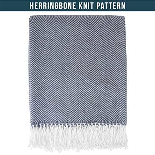PAVILIA Herringbone Blanket Throw with Fringe,Faux Cashmere Knitted Throw with Tassels for Couch Bed,Decorative Farmhouse Soft Lightweight Plush Fuzzy Cozy,50x60,Herringbone - Navy Blue - color: Herringbone - Navy Blue, size: 50 X 60 Inches - Throw