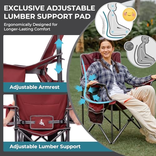 FUNDANGO Oversized Camping Chairs for Adults, Heavy Duty Fold Up Sports Games Lawn Chairs, Extra Wide Big Man Outdoor Chairs with Padded Lumbar Support Backrest, Bag Included for Camp, Beach, 2 Pack - color: Red/Grey With Lumber Support 2 Pack