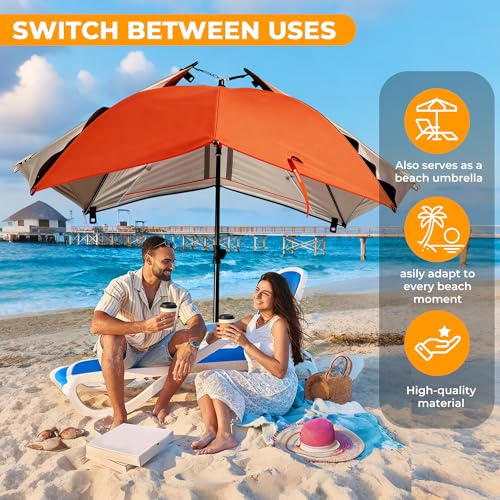 HOMEDEMO Beach Umbrella Tent (9.5ft, Red) with Fan Canopy, 3-in-1 Umbrella Shade Shelter for Beach, Picnic, Bleacher, Sports Games - style: Red