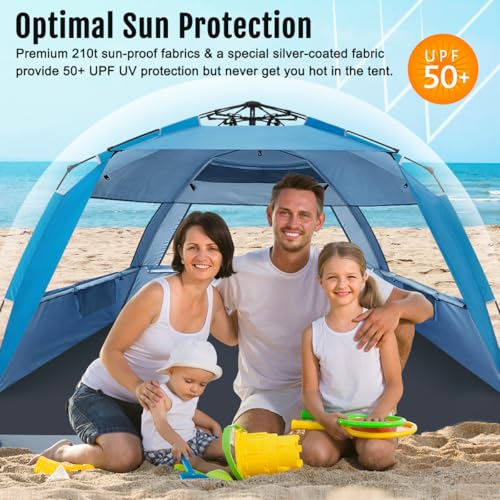 WhiteFang Deluxe Pop Up Beach Tent Sun Shade Shelter for 3-4/5-6 Person, UV Protection, Extendable Floor with 3 Ventilating Windows Plus Carrying Bag, Stakes, and Guy Lines - color: Solid Blue, size: X-Large