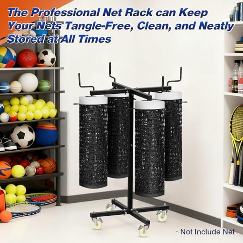 Movable Sports Net Storage Rack with Lockable Wheels, Heavy-Duty Holder for Volleyball, Tennis, Pickleball, Badminton Nets, Space-Saving Support Rack with Swivel Handle & Dust Covers - style: Holds 4 Nets