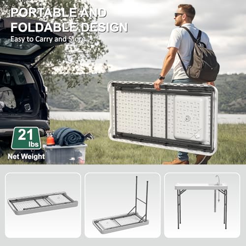 Fish Cleaning Table with Sink, 42.5" Folding Camping Table & Fish Cleaning Station with Measure Mark, Camping Sink with Hose Hookup for Outdoor Picnic, Beach, Dock & Patio Use - style: Fish cleaning table new