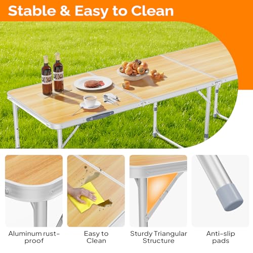 VINGLI 6ft Folding Camping Table with Carry Handle,Portable Utility Table Multipurpose for Party Picnic Tailgating Outdoor Patio Garden Indoor Kitchen … - color: Natural, size: 6ft