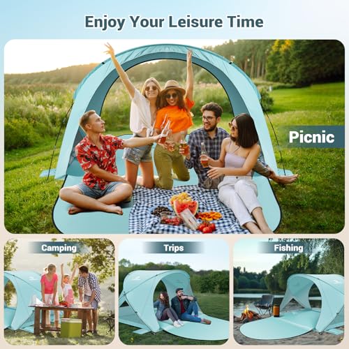 AugFir Beach Tent Sun Shelter, Beach Tent with Beach Mat Set, 4 Person Portable Beach Shade Canopy with UPF 50＋ UV Protection, Dual-Door Ventilation Design, Easy Setup Family Beach Umbrella (Green) - color: Green