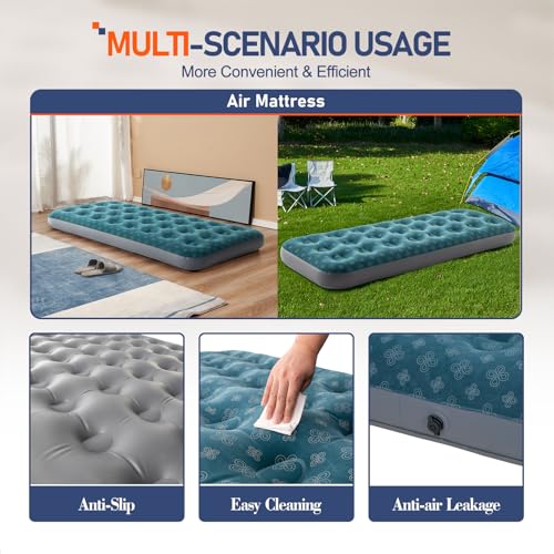 DIMAR GARDEN Single Size Air Mattress Inflatable Bed Sleeping Pad for Camping, Patterned Flocking Blue - size: Single