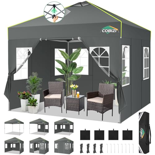 COBIZI 10x10 Pop Up Canopy Tent, Outdoor Party Tent with 4 Sidewall One Push Setup Glow, 3 Adjustable Height Air Vent Waterproof UPF50+, Bag, 4 Sandbag, 8 Stake, 4 Rope for Beach, Commercial - color: Gray, size: 10x10【with 4 sidewalls】