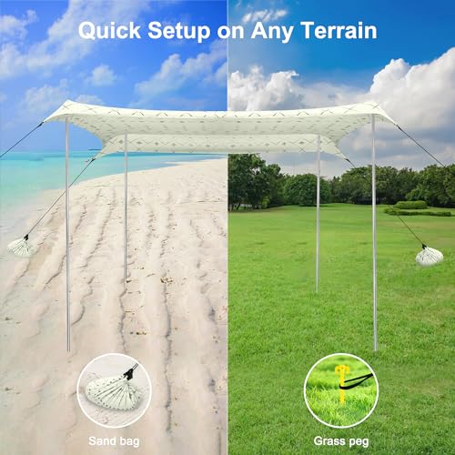 Beach Tent, Beach Canopy Sun Shade UPF 50+, Portable 10×10 FT Camping Sun Shelter with Sandbags, Poles, Ground Pegs and Anti-Wind Rope for Outdoor, Backyard, Picnics, Fishing - color: Geometry Cream