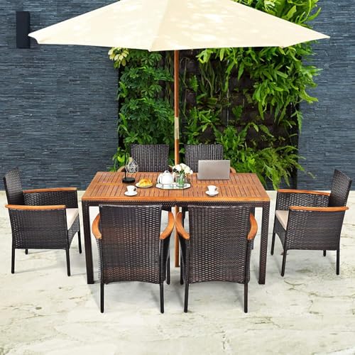 HAPPYGRILL 7-Piece Rattan Patio Dining Set Outdoor Wicker Dining Set with Umbrella Hole, Removable Cushions, Table & Chairs Set with Acacia Wood Table Top - color: Brown & Tabletop B