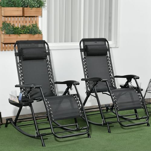 Outsunny Set of 2 Outdoor Rocking Chairs, Foldable Reclining Zero Gravity Lounge Rocker with Pillow, Cup & Phone Holder, Combo Design with Folding Legs, Black - color: Black, size: 2 Packs