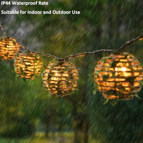 Decorative Lantern String Lights, Outdoor Plug in Hanging Lights with 10 Natural Hemp Rope Leaf Balls, Connectable Weatherproof Patio Globe Boho String Lights for Home Pergola Porch Party Backyard - style: Hemp Rope with Green Leaf Balls
