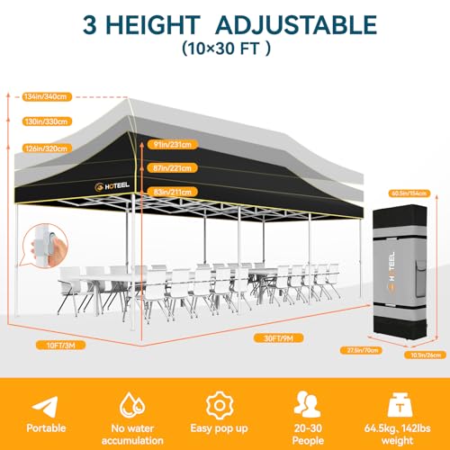 Hoteel 10x30 Pop Up Canopy Tent Heavy Duty Without Sidewalls, Waterproof Party Tent, Easy Set-up Commercial Instant Tents with Roller Bag & Sandbags, Hexagonal Leg (1-Year Warranty) - color: Black, size: 10×30 （no Walls）