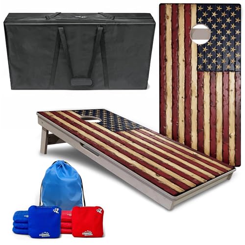 Cornhole Solutions PRO Tournament Cornhole Bundle – Regulation 4 ft x 2 ft Professional Set – ¾″ Baltic Birch Plywood – Folding Legs – UV Printed & Clear Coated – Made in USA - color: Carved Rustic Flag