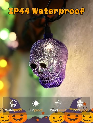 Halloween Skull String Lights Outdoor, 8.5Ft Ghost Head Lights with 10 LED Orange Green Purple Skull Head Lights, Hanging Halloween Decoration Skeleton Light for Patio, Porch, House, Party Decorations - color: Multicolor Ghost