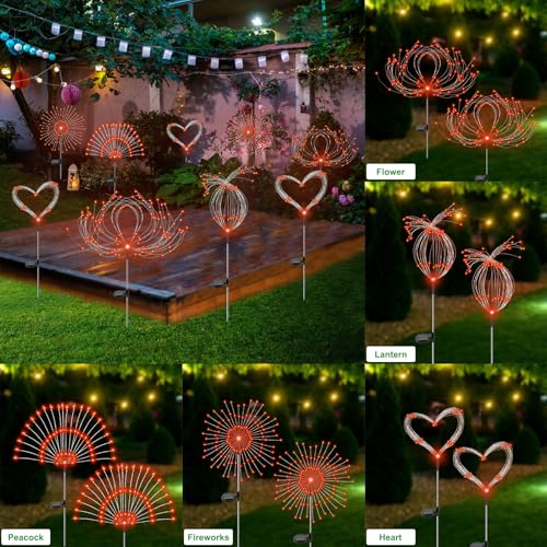Slyuexu Solar Garden Lights Outdoor Waterproof, 2 Pack 120 LED Solar Firework Lights Decorative Garden Décor Outside for Flowerbed Pathway Party Christmas Decorations, Orange - color: Orange, size: 2 Pack
