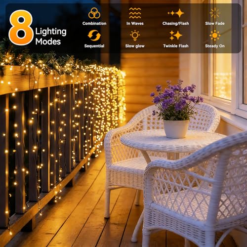 Solar String Lights Outdoor Waterproof 2 Pack Total 66ft 200LED 8 Modes Twinkle Lights Solar Fairy Lights for Patio, Garden Yard Party Wedding Tree Christmas Halloween Decoration, Warm White - color: Warm White