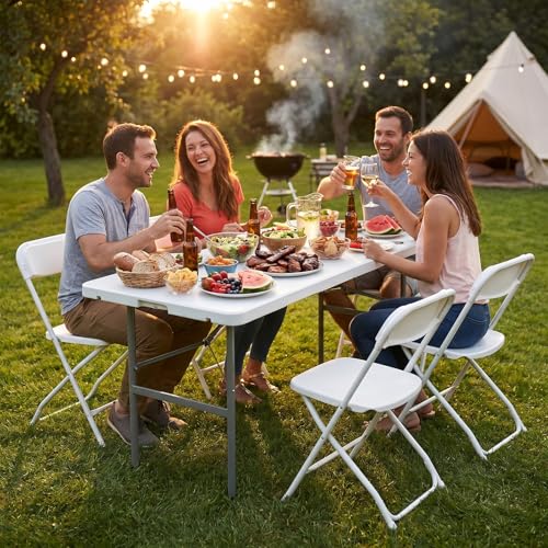 DUMOS 4 Feet Folding Picnic Table, Plastic Table with Carrying Handle, Heavy Duty Portable Table for Camping Party, White - color: White, size: 4 FT