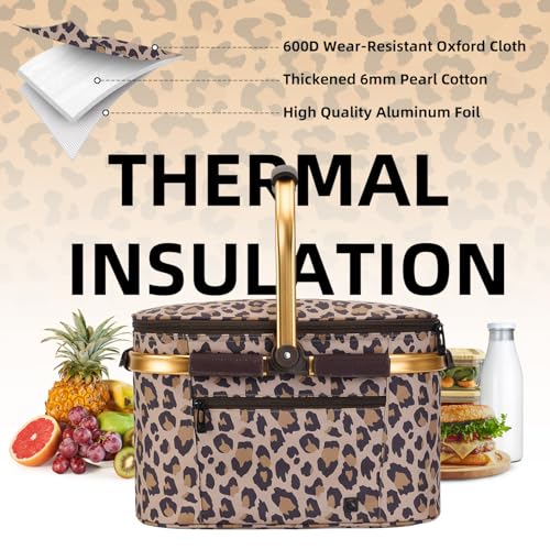 ALLCAMP Picnic Basket - Insulated Cooler, Thickening Foldable Picnic Basket with Removable Baskets & Sewn-in Frame, Basket for House Warming Gifts New Home(Leopard Print) - color: Leopard Print, size: Medium