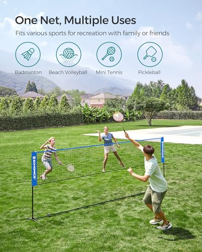 SONGMICS Badminton Net, Height Adjustable Volleyball Net, Pickleball Net for Junior Tennis, Kids, Indoor Outdoor Court, Foldable Nylon Net with Poles 10ft/13ft/16.5ft Wide - color: Blue, size: 13FT
